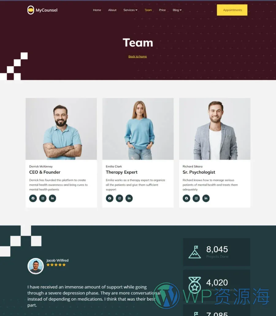 心理学咨询Elementor网站模板_一键导入快速建站插图6-WP资源海 MyCounsel Team Page