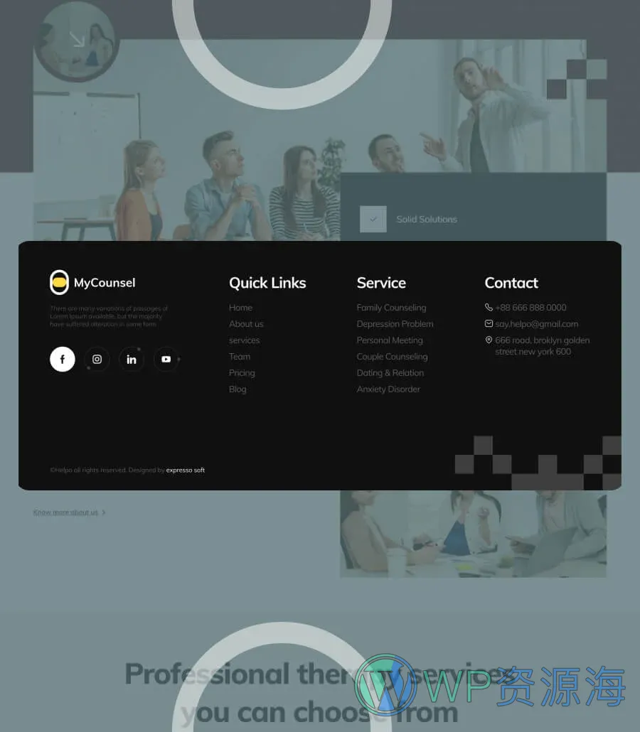 心理学咨询Elementor网站模板_一键导入快速建站插图11-WP资源海 MyCounsel Footer
