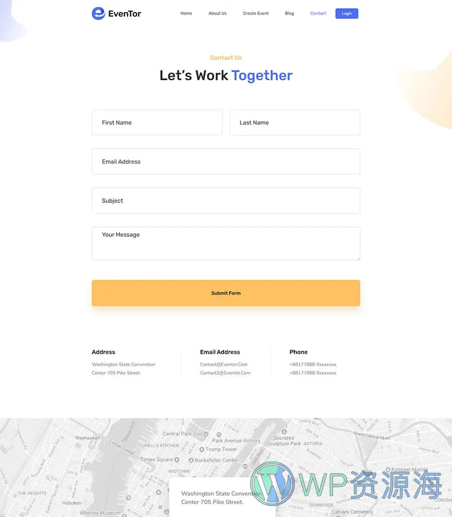 活动管理Elementor网站模板_一键导入快速建站插图3-WP资源海 EvenTor Contact Page
