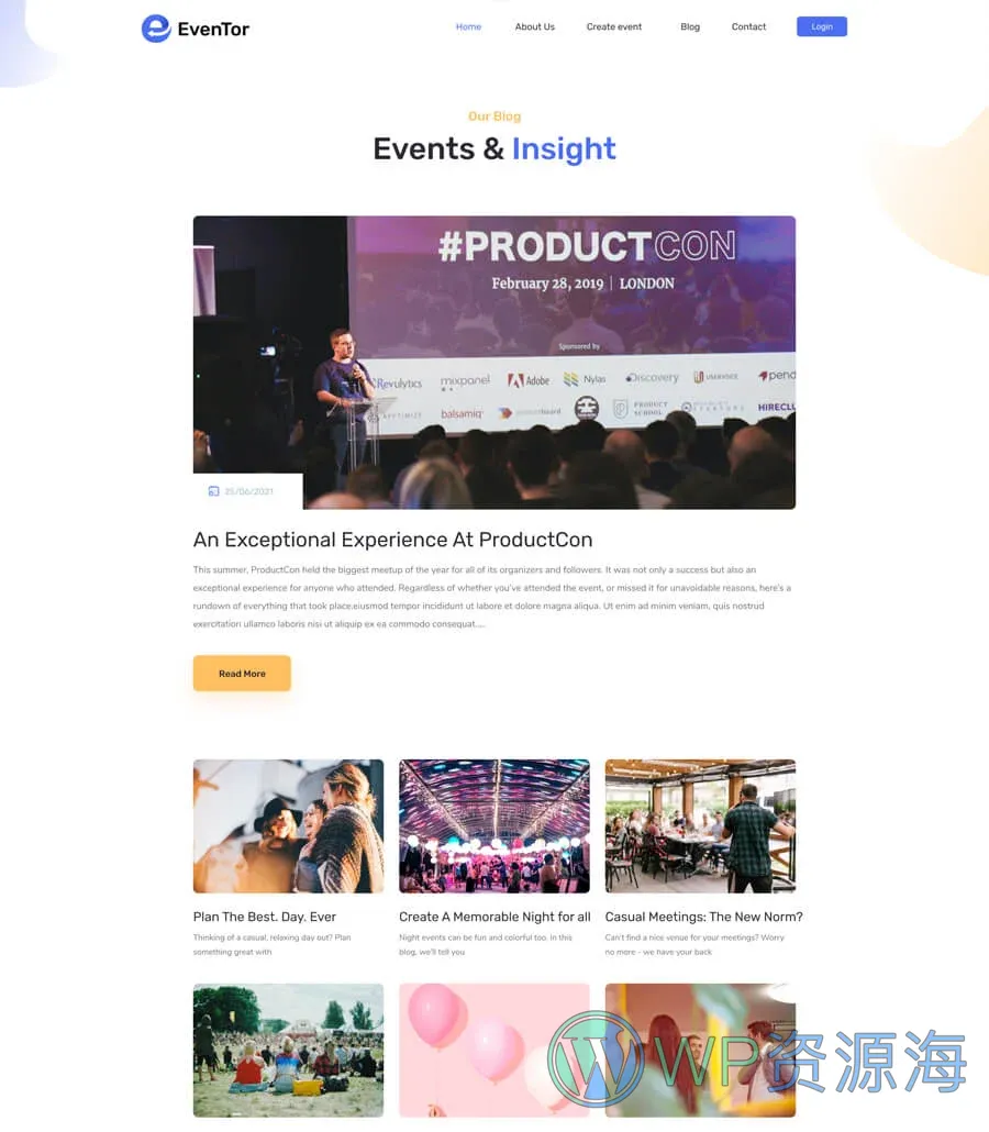 活动管理Elementor网站模板_一键导入快速建站插图4-WP资源海 EvenTor Blog Page