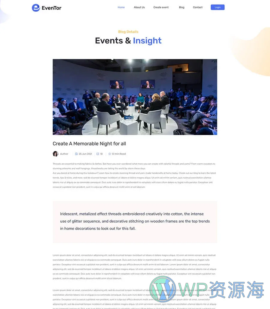 活动管理Elementor网站模板_一键导入快速建站插图6-WP资源海 EvenTor Single Post Page