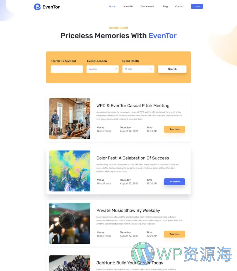 活动管理Elementor网站模板_一键导入快速建站插图5-WP资源海 EvenTor Create Event Page
