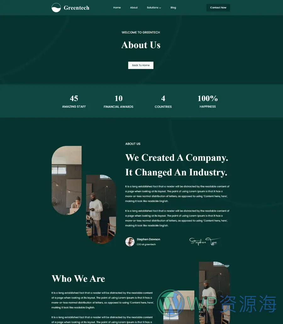 金融科技初创Gutenberg网站模板_一键导入快速建站插图2-WP资源海 Greentech About Page For Gutenberg