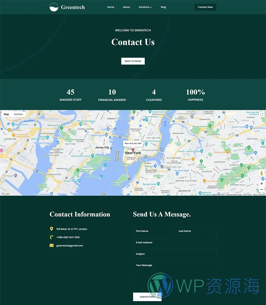 金融科技初创Gutenberg网站模板_一键导入快速建站插图3-WP资源海 Greentech Contact Page For Gutenberg