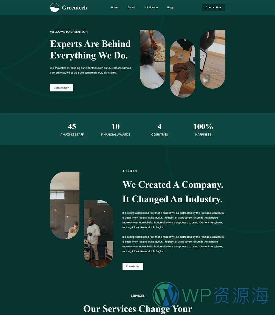 金融科技初创Gutenberg网站模板_一键导入快速建站插图1-WP资源海 Greentech Home Page For Gutenberg