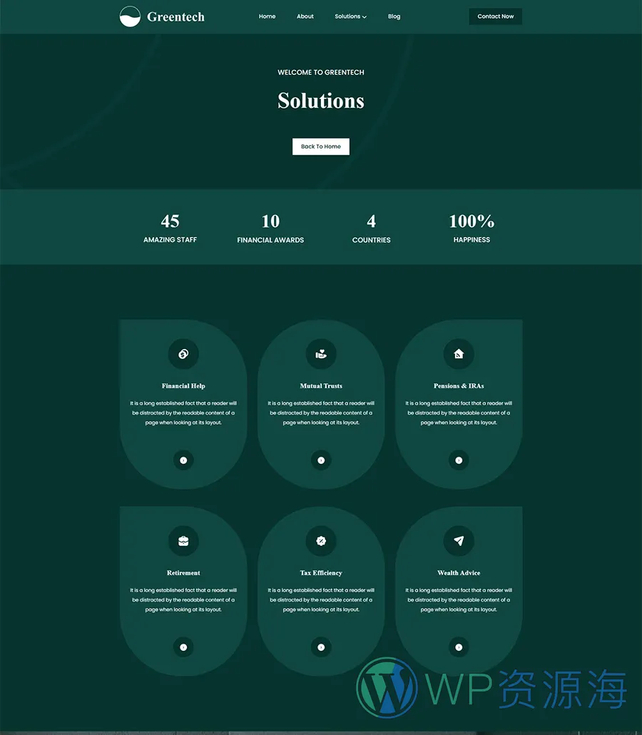 金融科技初创Gutenberg网站模板_一键导入快速建站插图5-WP资源海 Greentech Solutions Page For Gutenberg