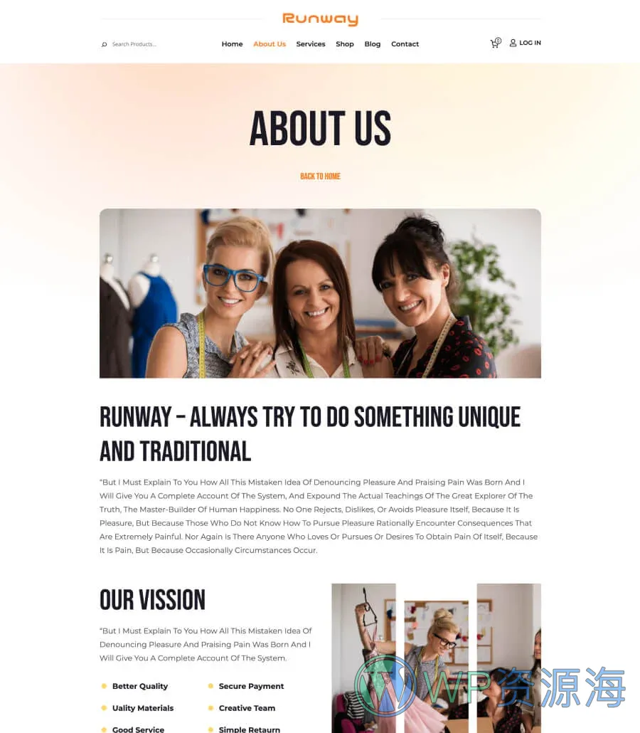 采购站Gutenberg网站模板_一键导入快速建站插图2-WP资源海 Runway About Us Page For Gutenberg