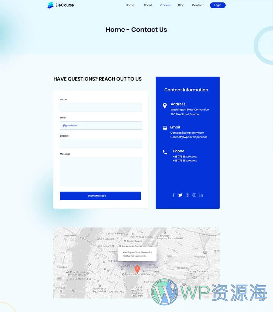 在线课程Elementor网站模板_一键导入快速建站插图3-WP资源海 EleCourse Contact Page