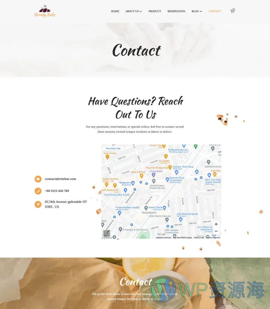 烘焙Gutenberg网站模板_一键导入快速建站插图4-WP资源海 Bready Bake Contact Page For Gutenberg