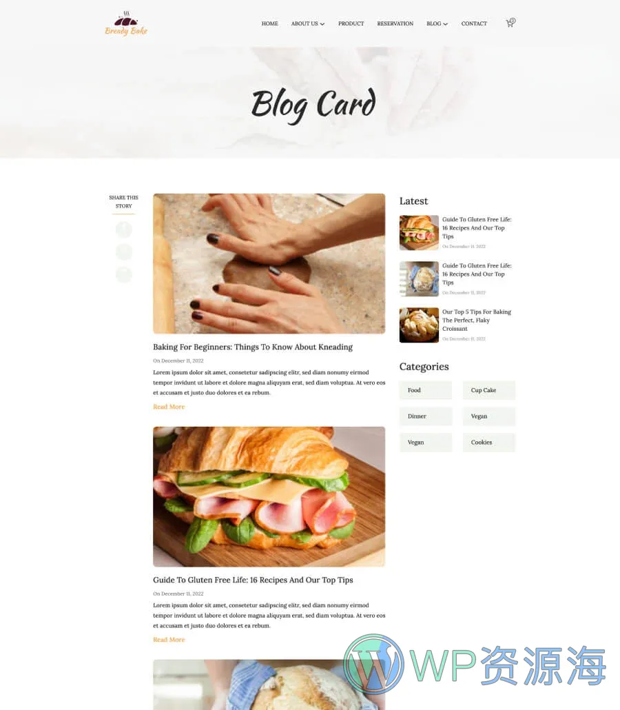 烘焙Gutenberg网站模板_一键导入快速建站插图6-WP资源海 Bready Bake Blog Card Page For Gutenberg