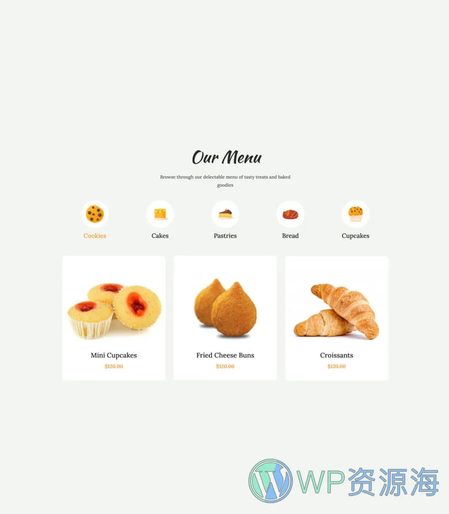 烘焙Gutenberg网站模板_一键导入快速建站插图12-WP资源海 Bready Bake Menu Section For Gutenberg
