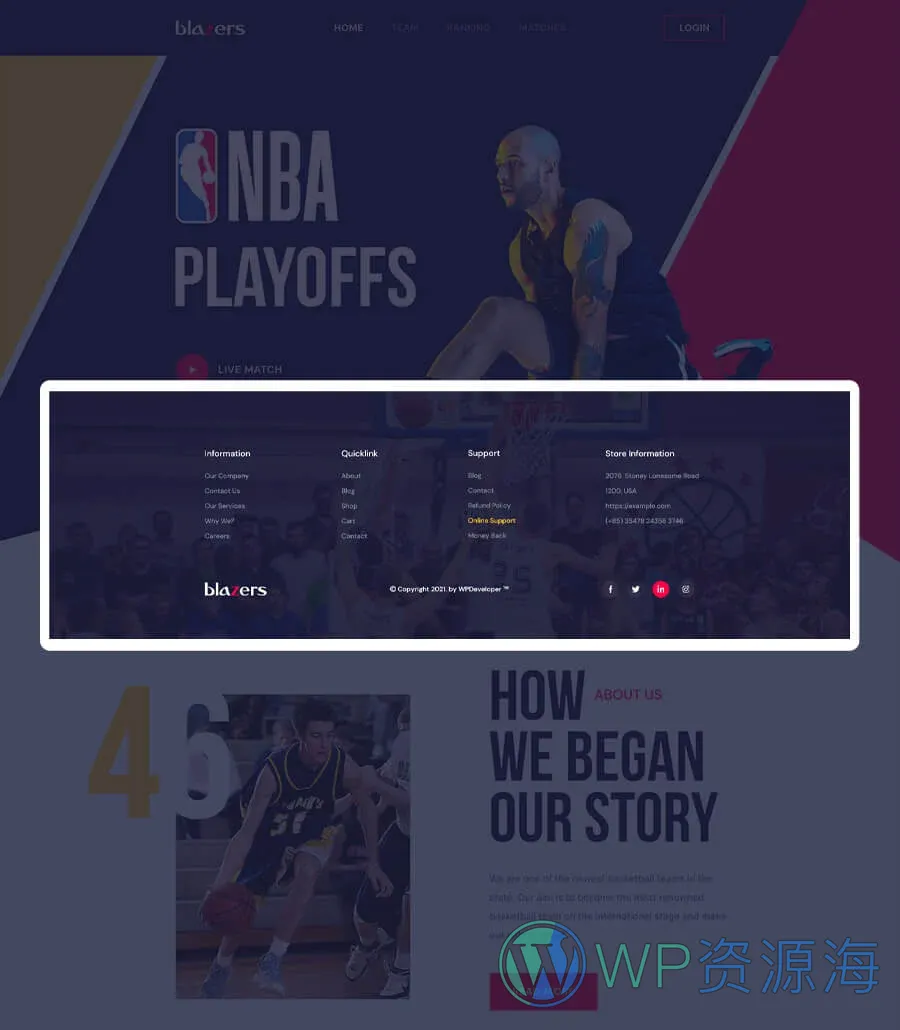 篮球Elementor网站模板_一键导入快速建站插图6-WP资源海 Blazers Footer