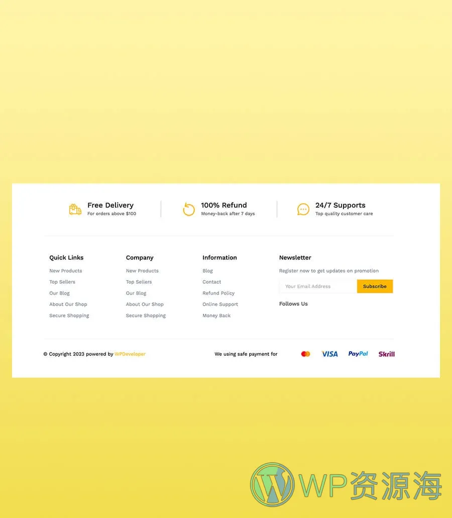 多商户电商Gutenberg网站模板_一键导入快速建站插图12-WP资源海 Bazar Footer Section For Gutenberg