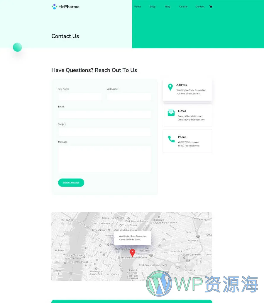 药店电商Elementor网站模板_一键导入快速建站插图3-WP资源海 ElePharma Contact Page