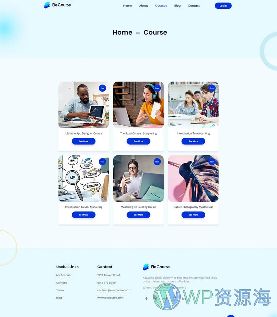 在线课程Elementor网站模板_一键导入快速建站插图5-WP资源海 EleCourse Courses Page