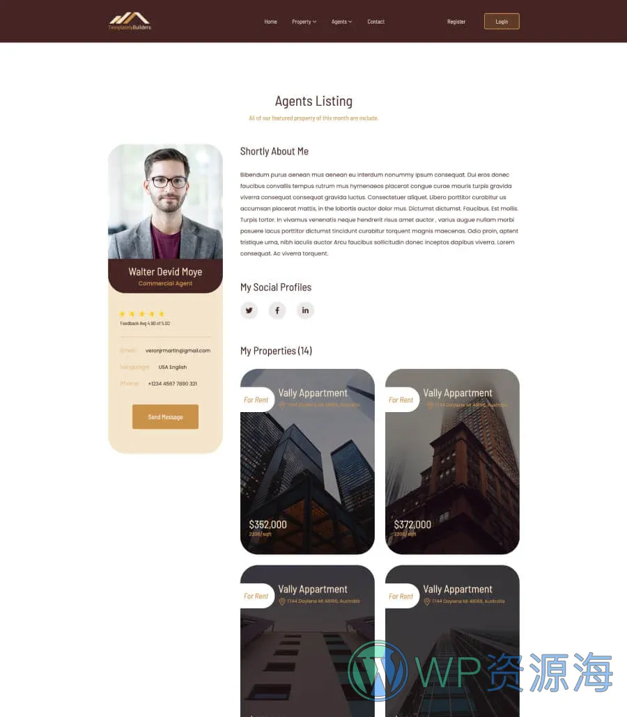 房地产Gutenberg网站模板_一键导入快速建站插图6-WP资源海 TemplatelyBuilders Agent Details Page For Gutenberg