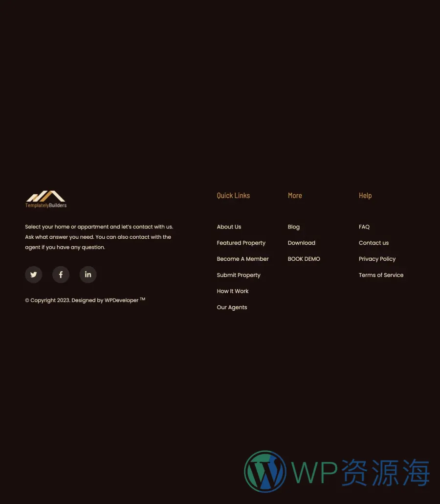 房地产Gutenberg网站模板_一键导入快速建站插图11-WP资源海 TemplatelyBuilders Footer Section For Gutenberg