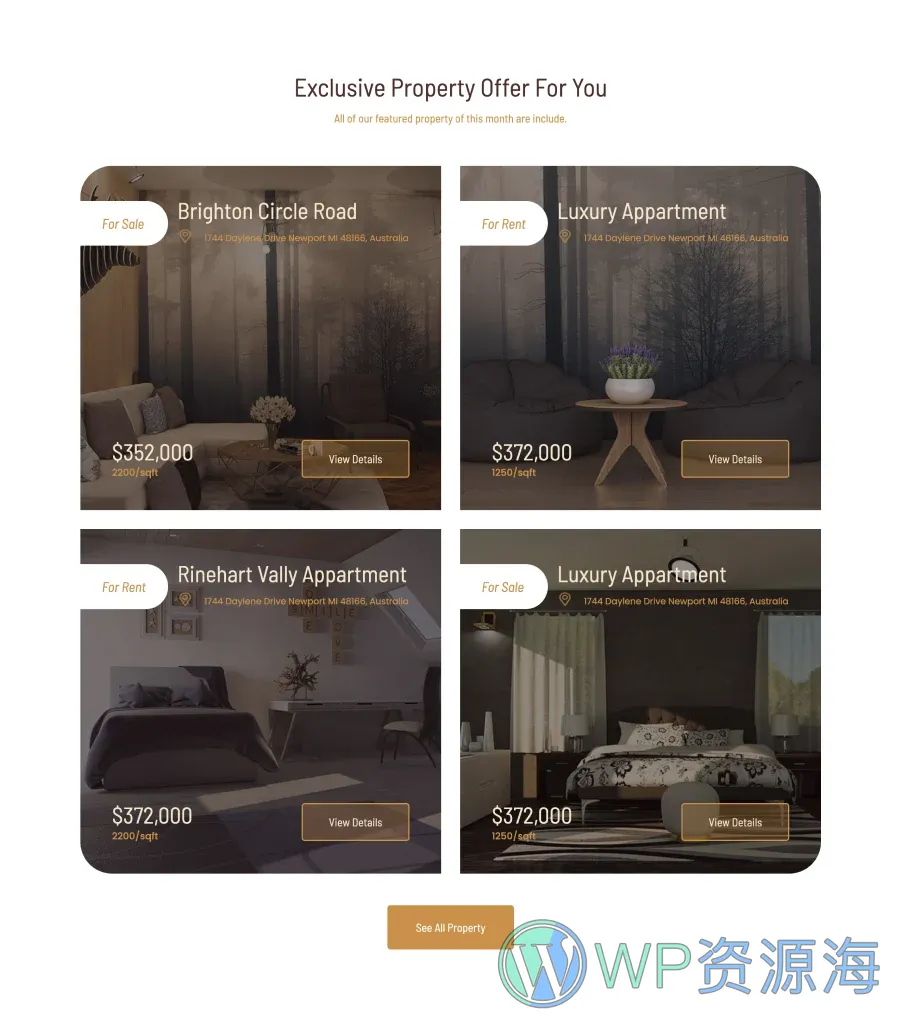 房地产Gutenberg网站模板_一键导入快速建站插图9-WP资源海 TemplatelyBuilders Property List Section For Gutenberg