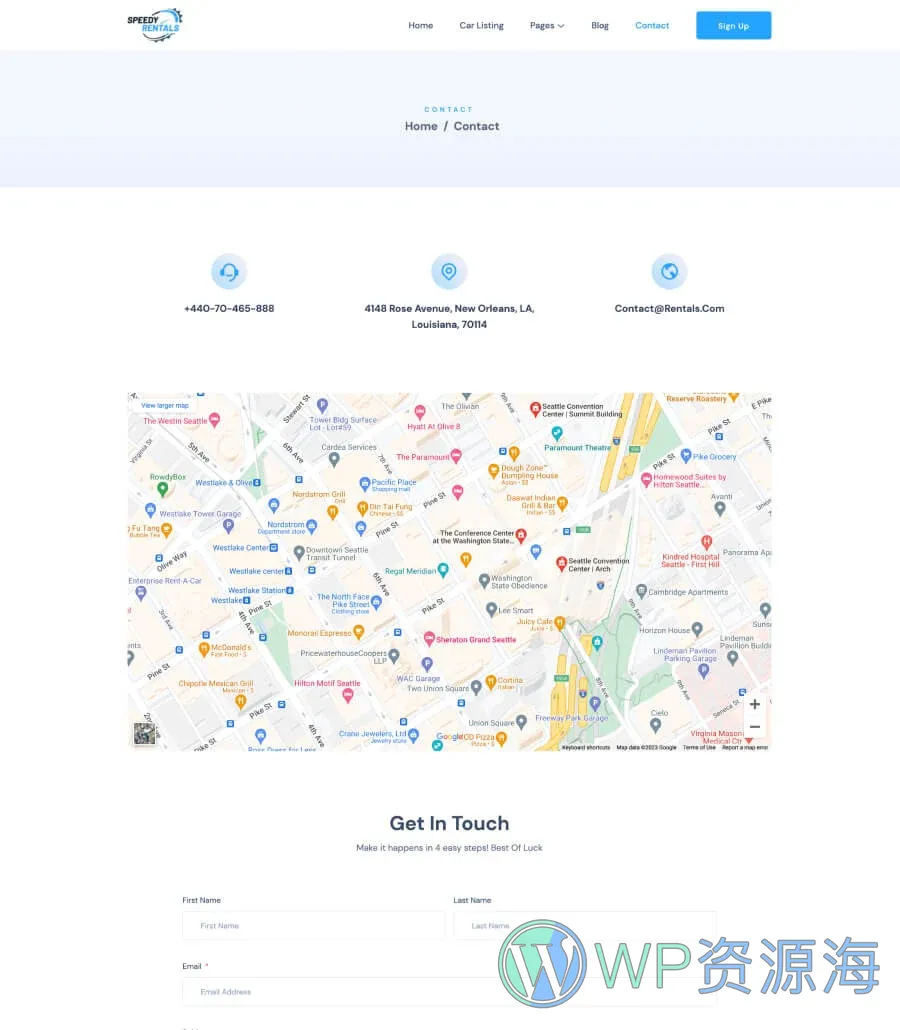 Speedy Rentals Contact Page For Gutenberg