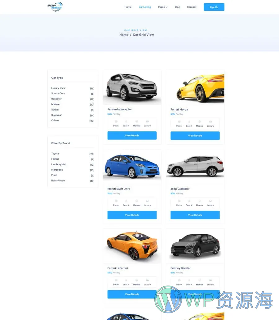 Speedy Rentals Car Grid View Page For Gutenberg