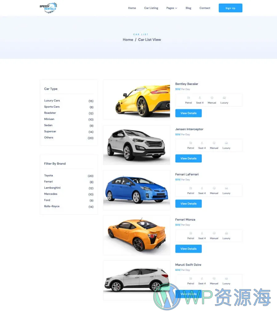 Speedy Rentals Car List View Page For Gutenberg