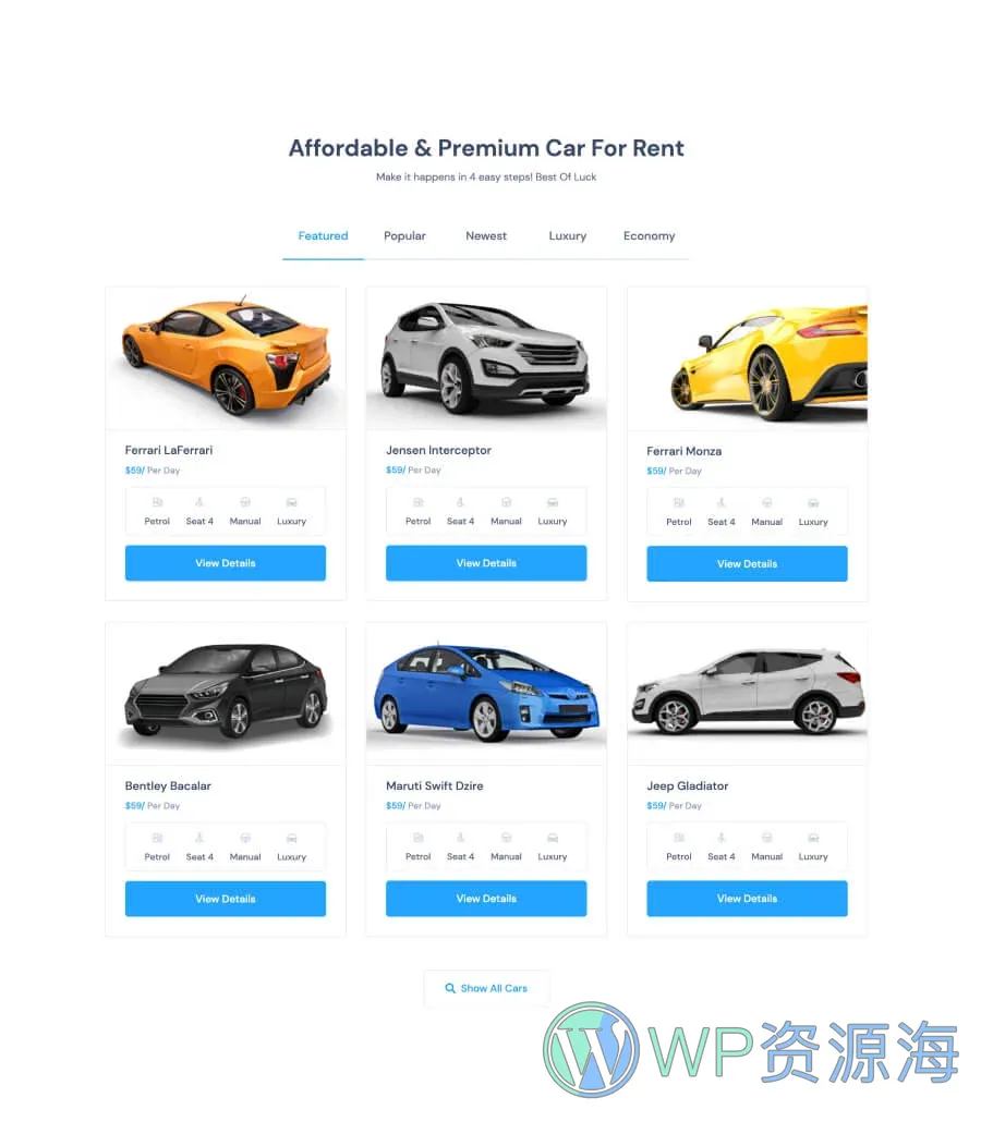 Speedy Rentals Car Collection Section For Gutenberg