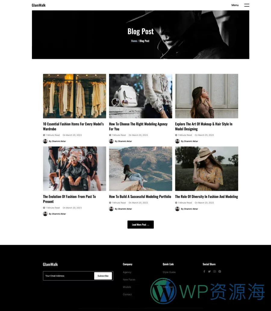 时尚作品集Gutenberg网站模板_一键导入快速建站插图4-WP资源海 GlamWalk Blog Page For Gutenberg