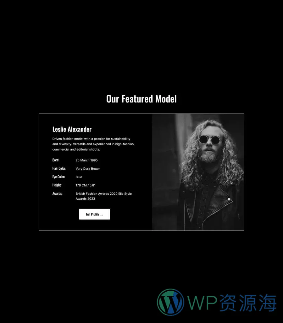 时尚作品集Gutenberg网站模板_一键导入快速建站插图8-WP资源海 GlamWalk Featured Models Section For Gutenberg