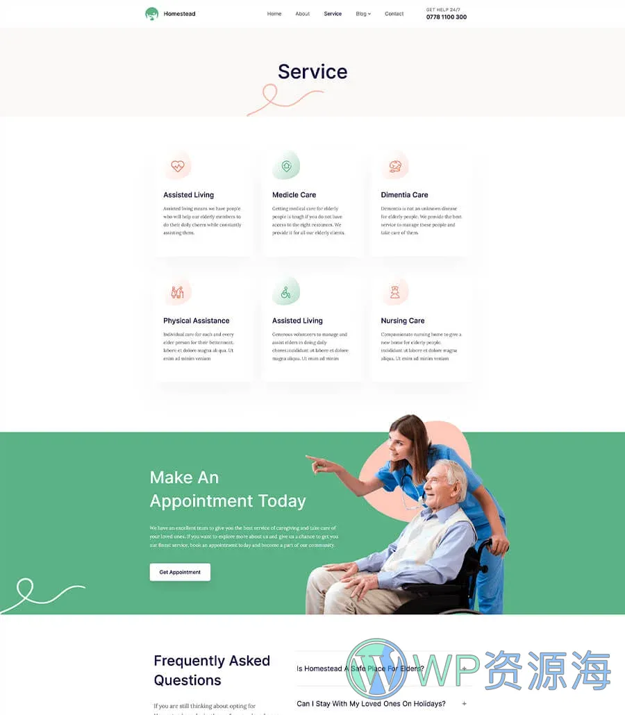 老年护理服务Gutenberg网站模板_一键导入快速建站插图2-WP资源海 Homestead Service Page For Gutenber