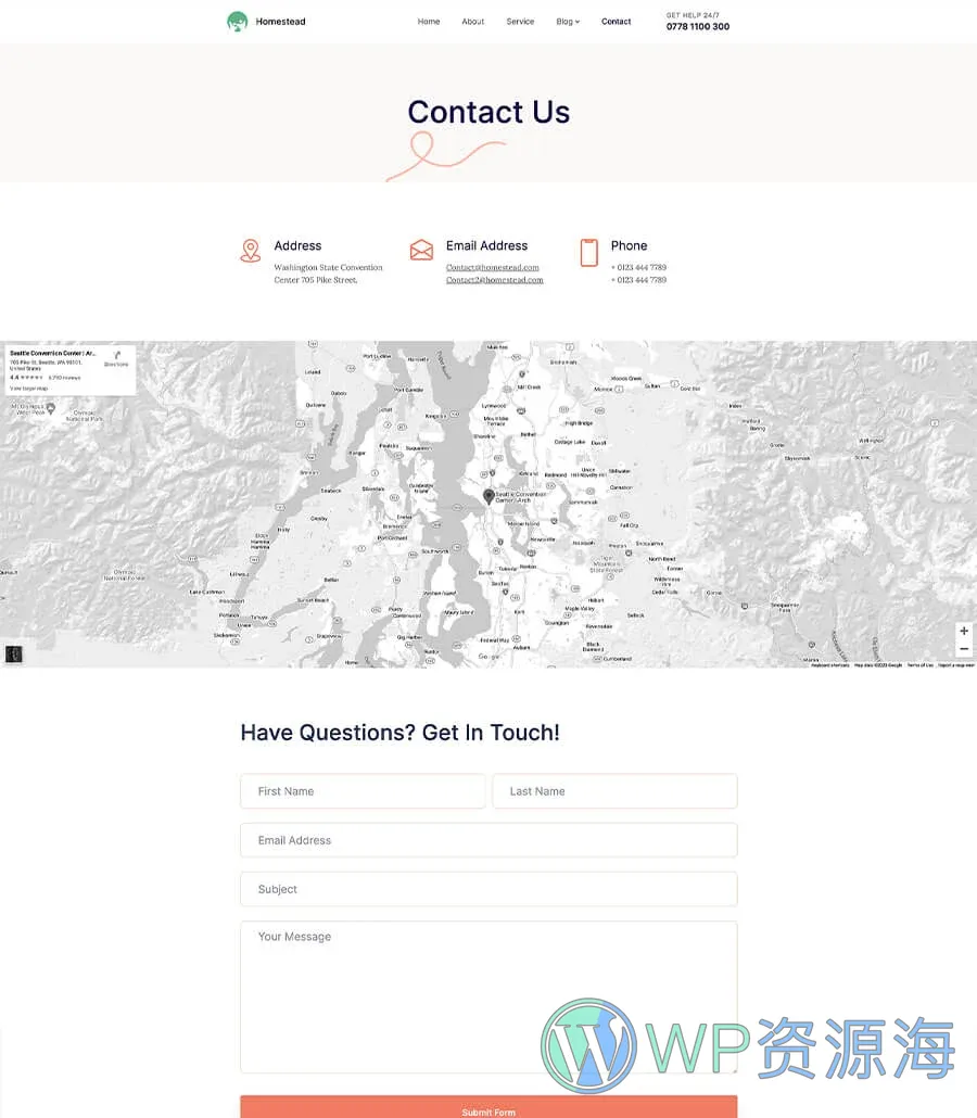 老年护理服务Gutenberg网站模板_一键导入快速建站插图4-WP资源海 Homestead Contact Page For Gutenberg
