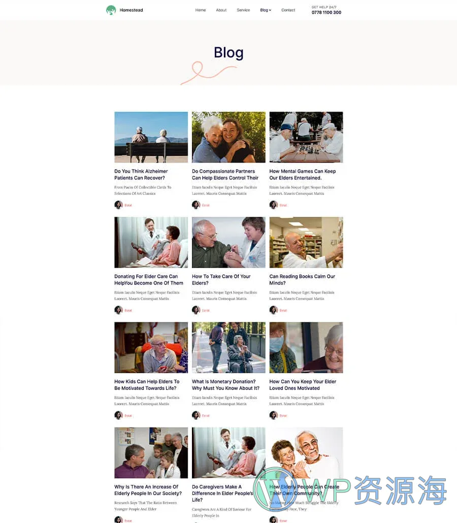 老年护理服务Gutenberg网站模板_一键导入快速建站插图5-WP资源海 Homestead Blog Page For Gutenberg
