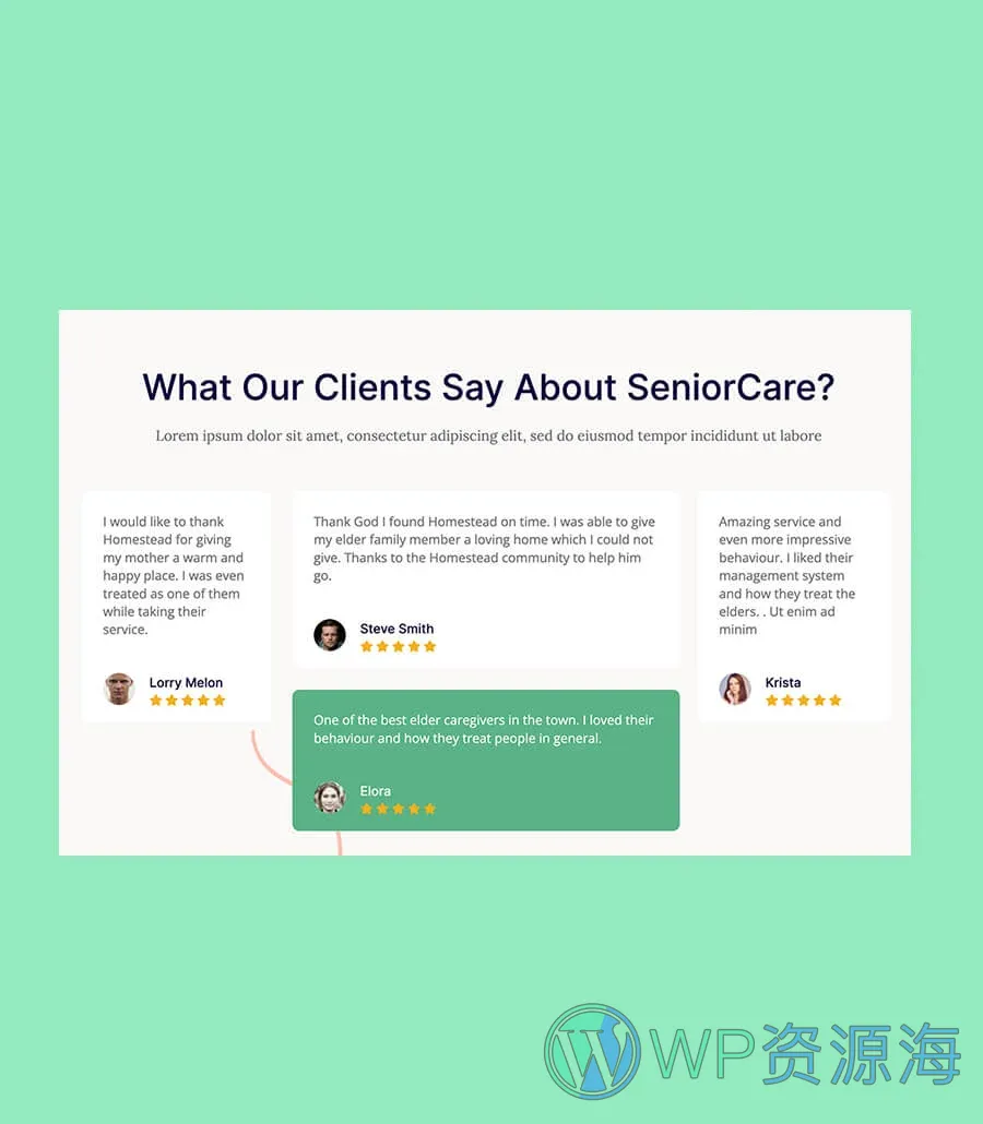 老年护理服务Gutenberg网站模板_一键导入快速建站插图9-WP资源海 Homestead Testimonials Section For Gutenberg