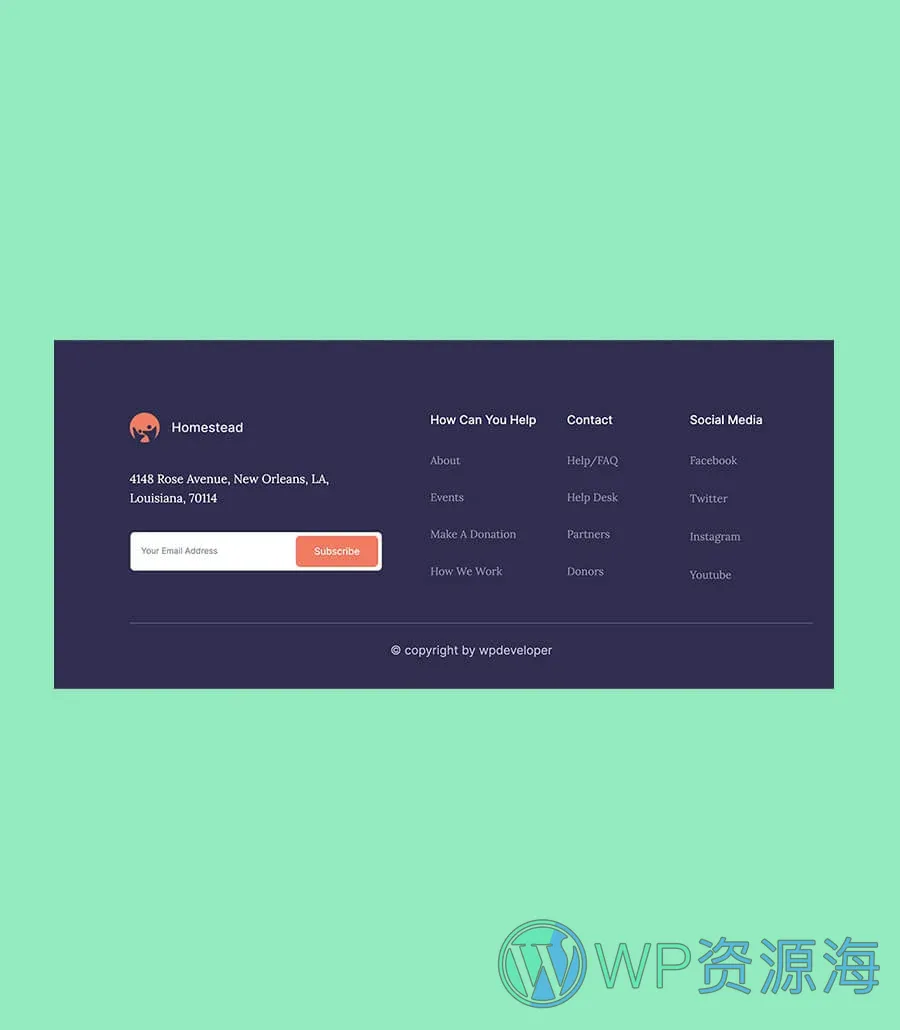 老年护理服务Gutenberg网站模板_一键导入快速建站插图11-WP资源海 Homestead Footer Section For Gutenberg