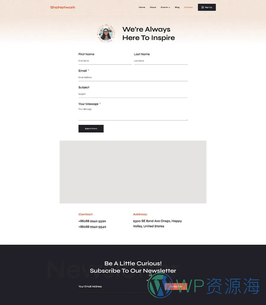 SheNetwork Contact Page For Gutenberg