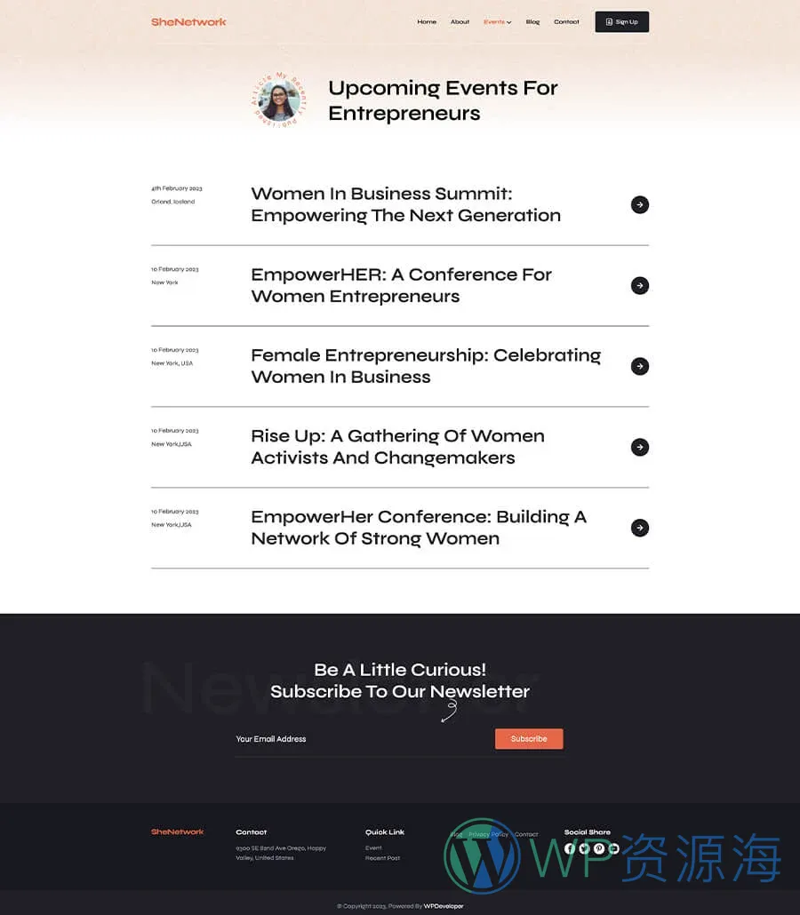 SheNetwork Events Page For Gutenberg