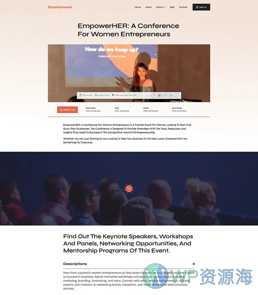 SheNetwork Events Details Page For Gutenberg