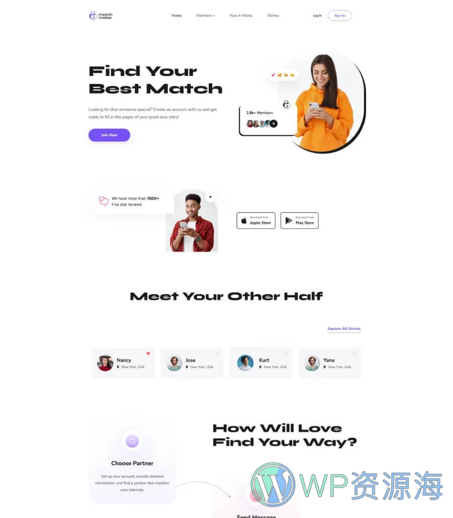 约会交友Gutenberg网站模板_一键导入快速建站插图1-WP资源海 MatchMaker Home Page For Gutenberg