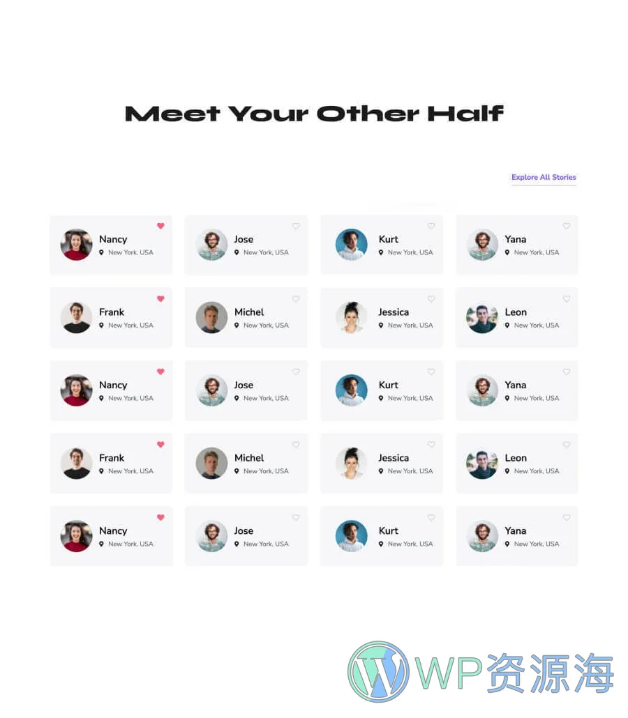 约会交友Gutenberg网站模板_一键导入快速建站插图9-WP资源海 MatchMaker Members Section For Gutenberg