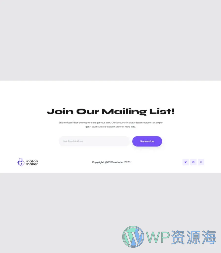 约会交友Gutenberg网站模板_一键导入快速建站插图12-WP资源海 MatchMaker Footer Section For Gutenberg