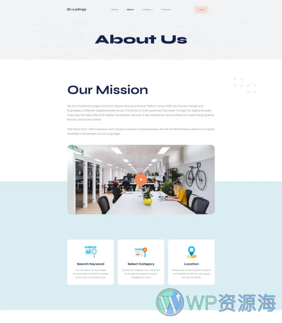 黄页与目录Gutenberg网站模板_一键导入快速建站插图3-WP资源海 EleListings About Page For Gutenberg
