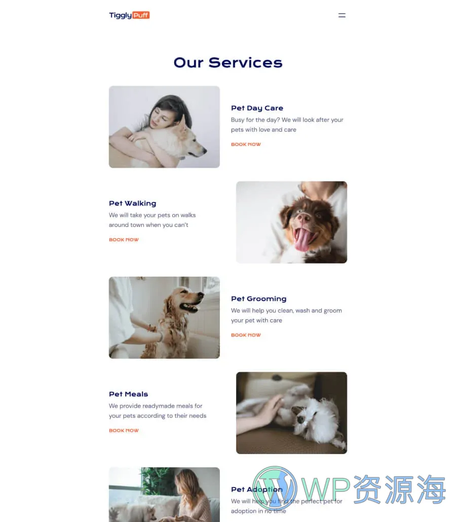 宠物领养服务Gutenberg网站模板_一键导入快速建站插图2-WP资源海 TigglyPuff Service Page For Gutenberg