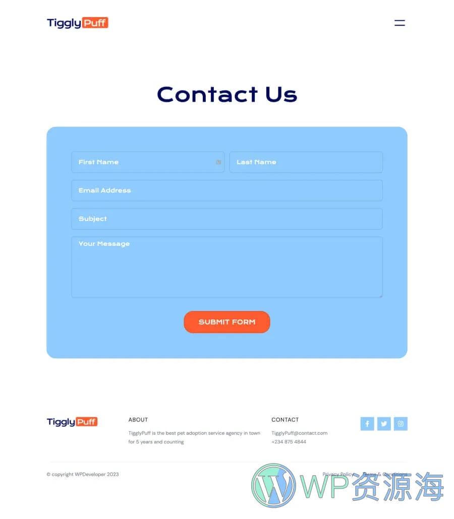 宠物领养服务Gutenberg网站模板_一键导入快速建站插图4-WP资源海 TigglyPuff Contact Page For Gutenberg
