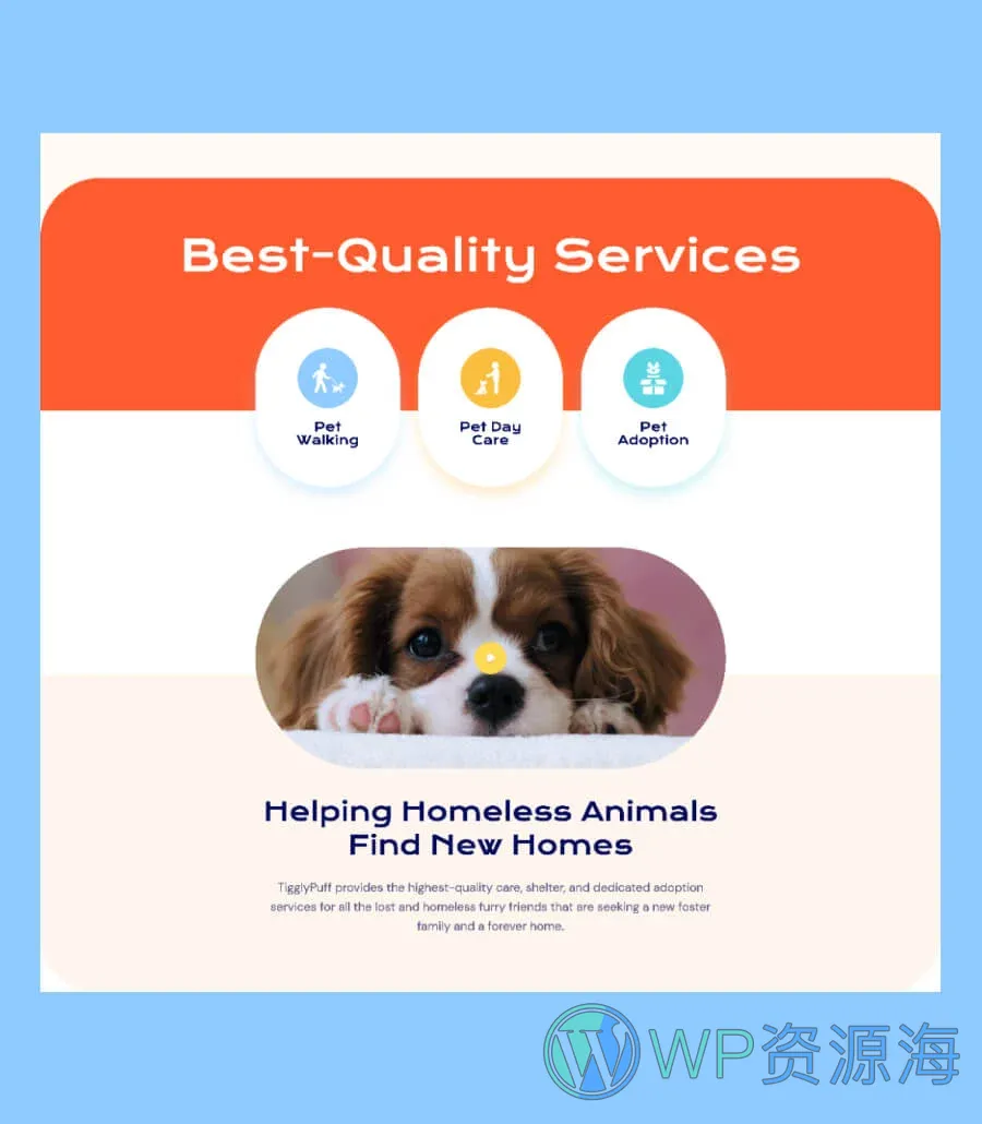 宠物领养服务Gutenberg网站模板_一键导入快速建站插图6-WP资源海 TigglyPuff Service Section For Gutenberg