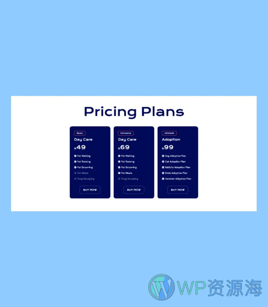 宠物领养服务Gutenberg网站模板_一键导入快速建站插图7-WP资源海 TigglyPuff Pricing Section For Gutenberg