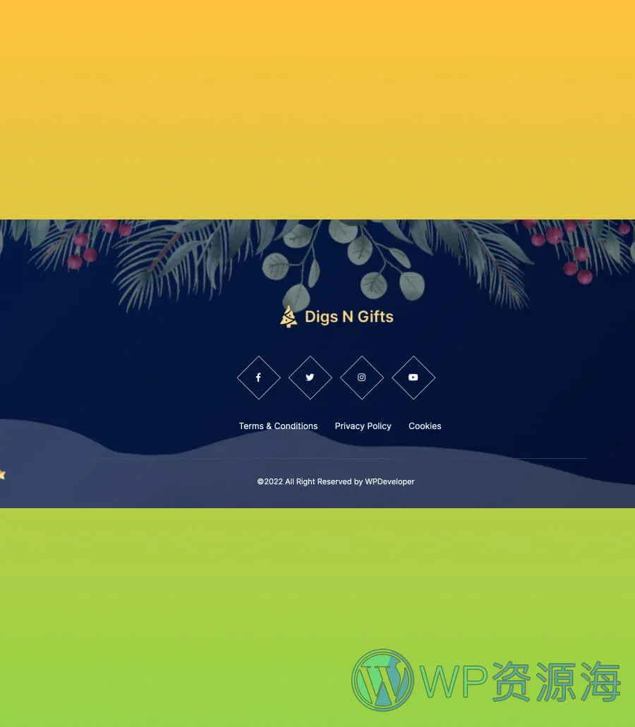 快速建站Gutenberg网站模板_一键导入快速建站插图10-WP资源海 Digs N Gifts Footer Section For Gutenberg