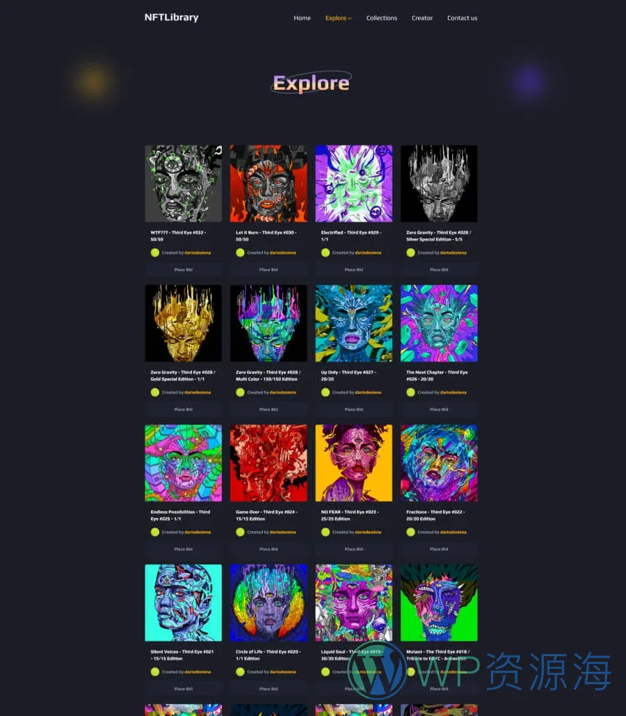 NFT项目企业Gutenberg网站模板_一键导入快速建站插图3-WP资源海 NFTLibrary Explore Page For Gutenberg