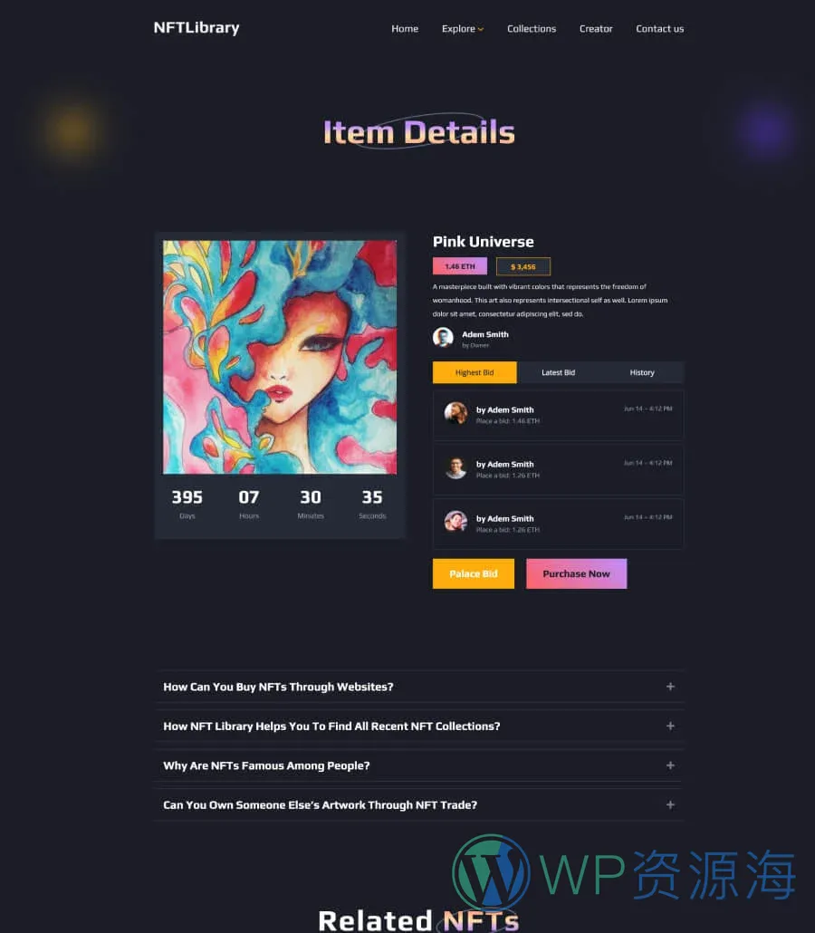 NFT项目企业Gutenberg网站模板_一键导入快速建站插图4-WP资源海 NFTLibrary Item Details Page For Gutenberg
