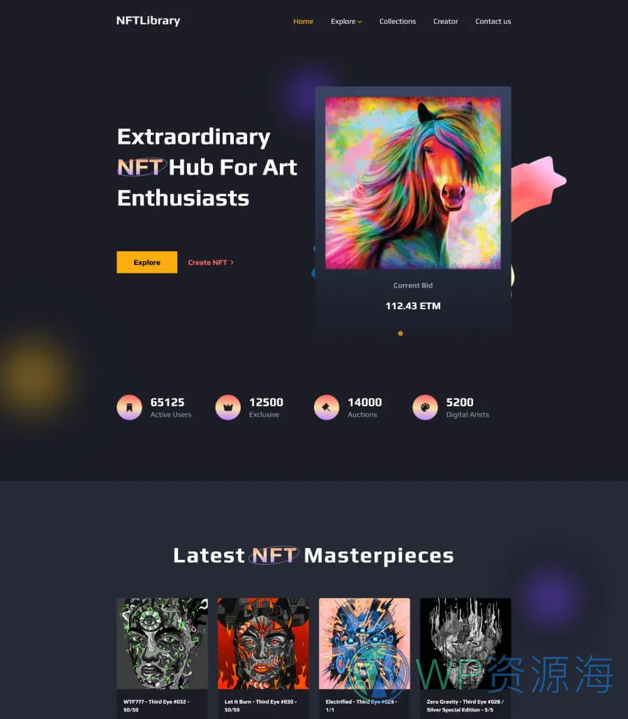 NFT项目企业Gutenberg网站模板_一键导入快速建站插图1-WP资源海 NFTLibrary Home Page For Gutenberg