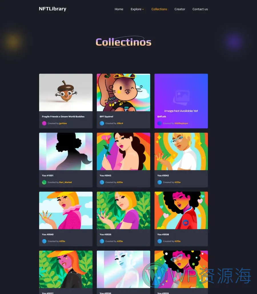 NFT项目企业Gutenberg网站模板_一键导入快速建站插图5-WP资源海 NFTLibrary Collections Page For Gutenberg