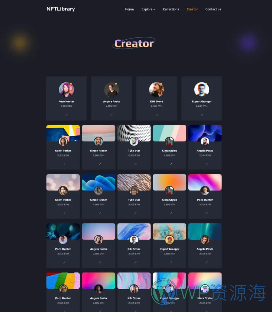 NFT项目企业Gutenberg网站模板_一键导入快速建站插图6-WP资源海 NFTLibrary Creator Page For Gutenberg